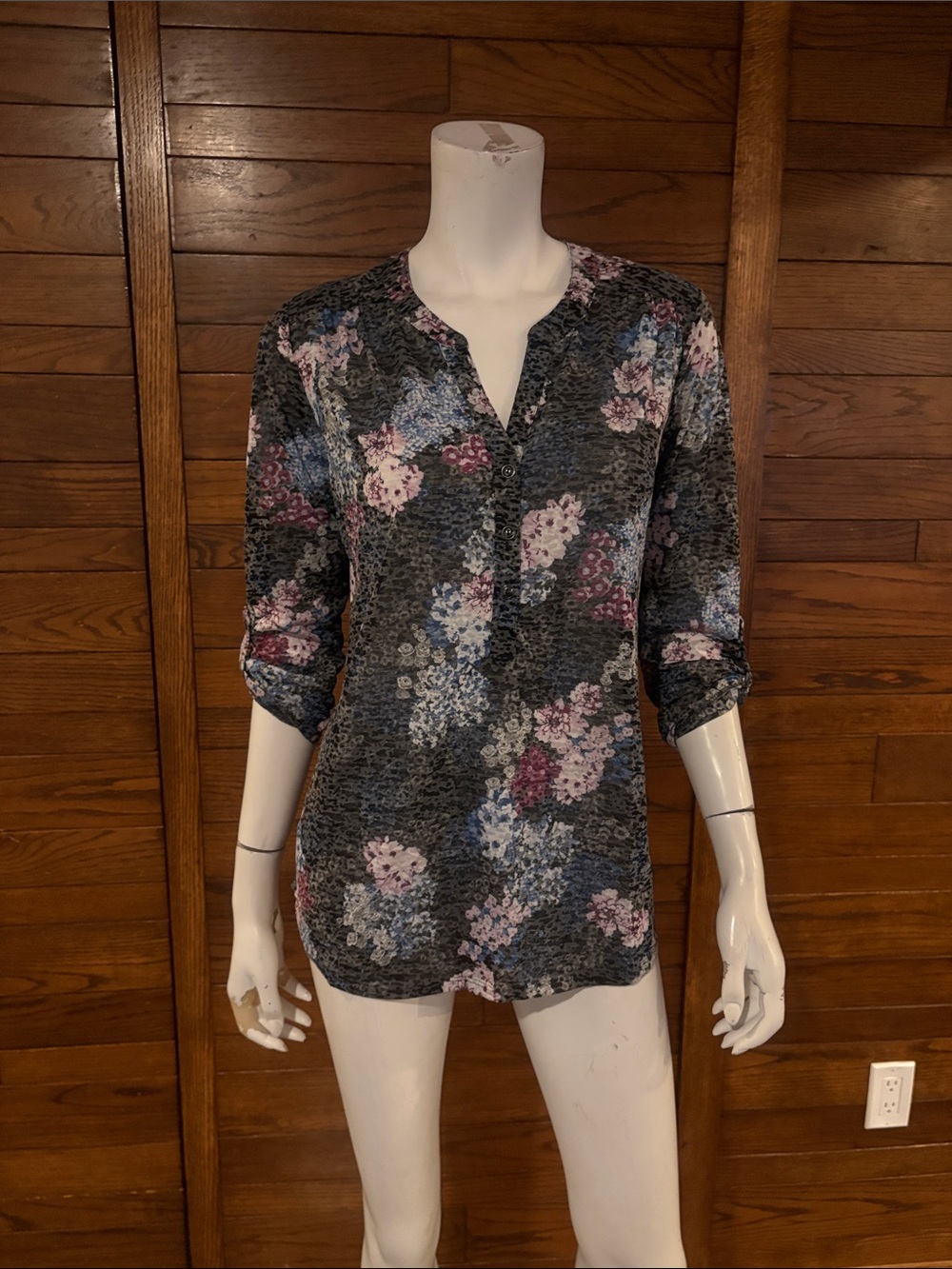 Northern Reflections Charcoal Floral Split-Neck Tunic with Pink & Blue Flowers